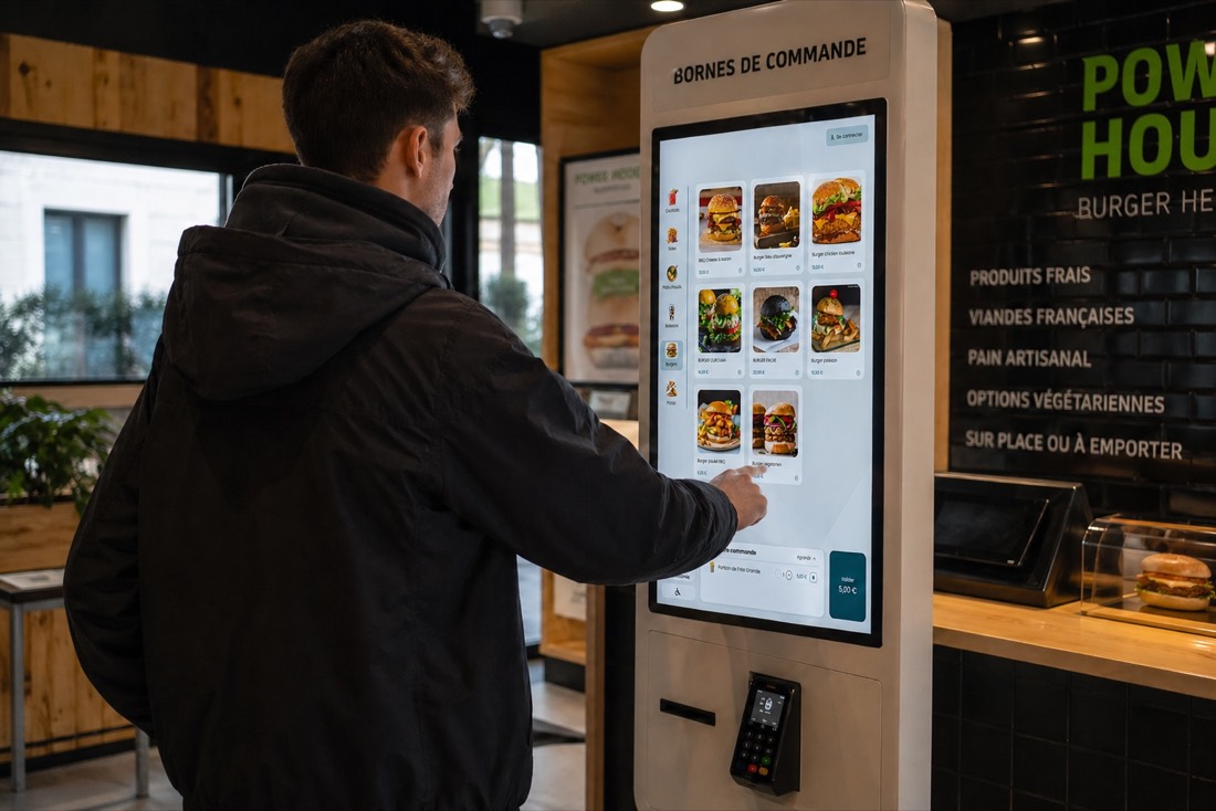 Client passant une commande sur une borne tactile en fast-food