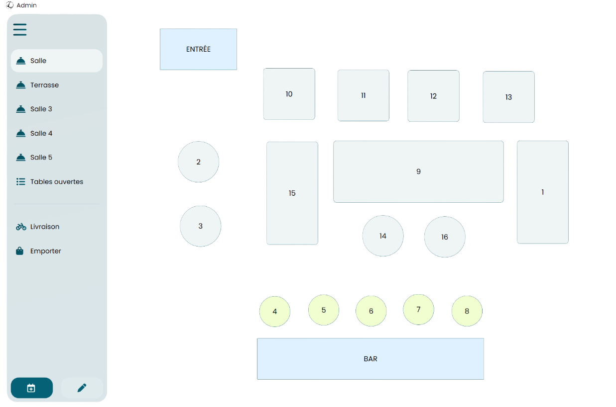 Plan de salle RESTOPOS avec tables, entrée et bar