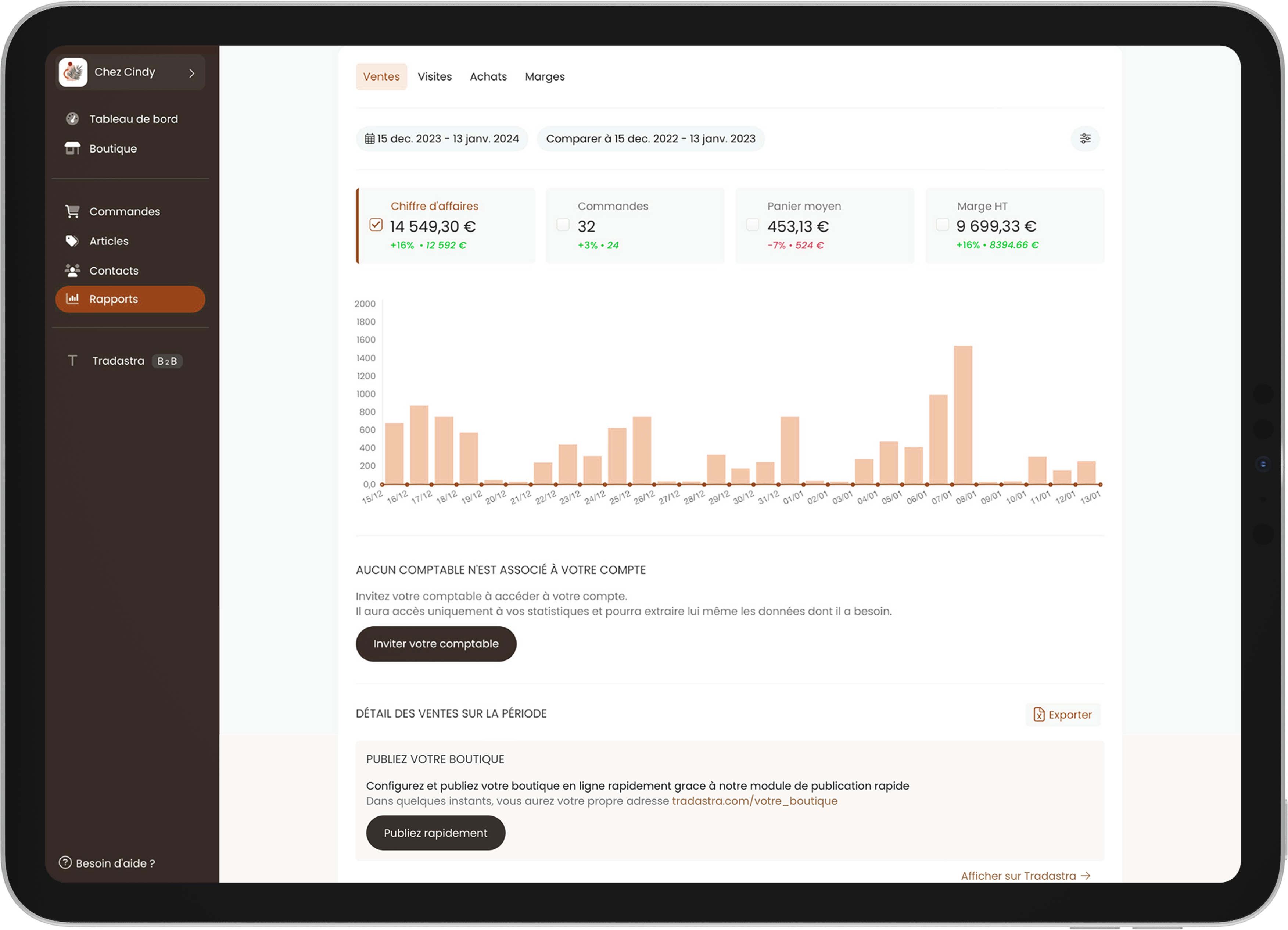 Interface de gestion RESTOPOS sur tablette