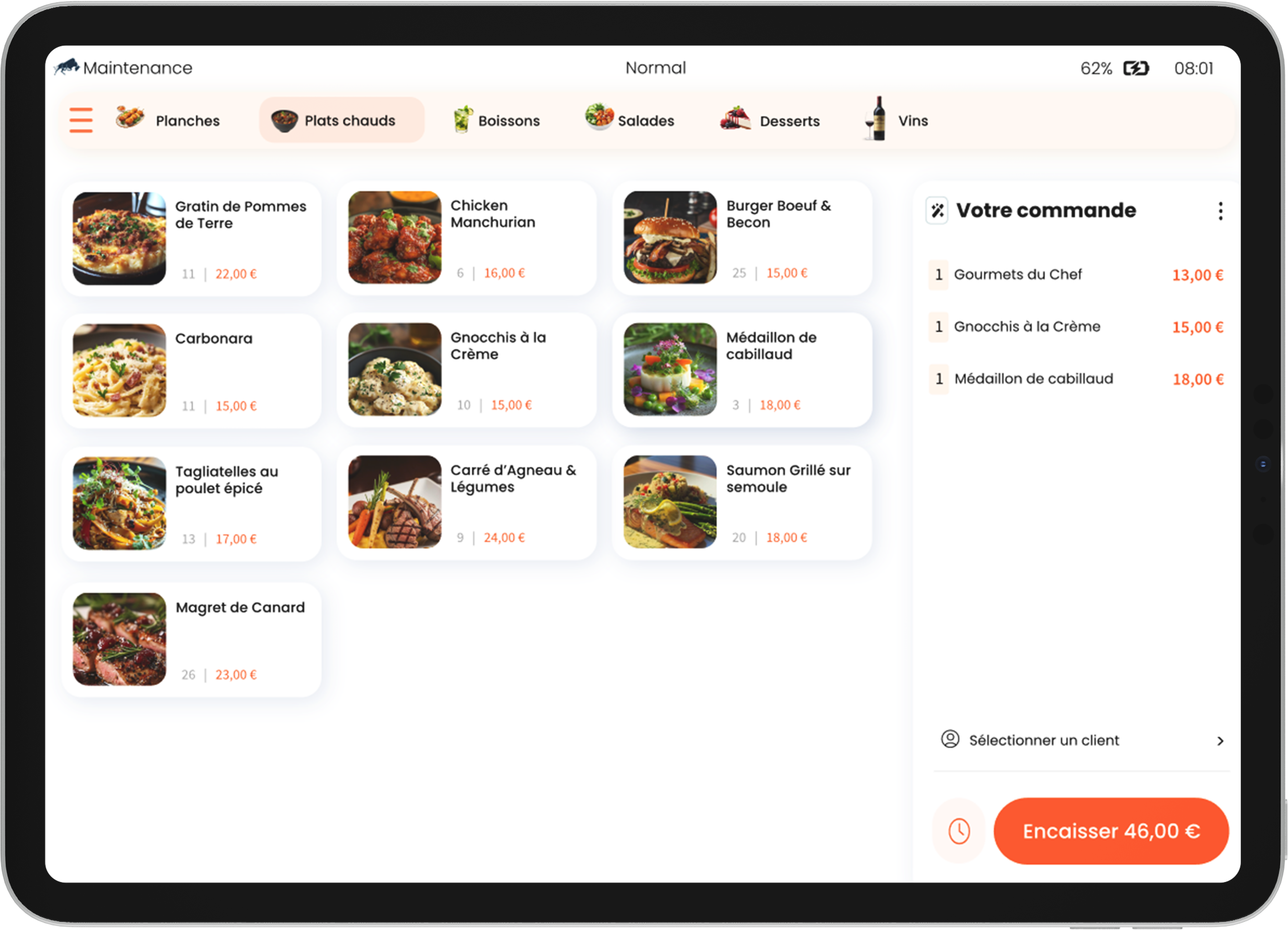 Interface de gestion RESTOPOS sur tablette