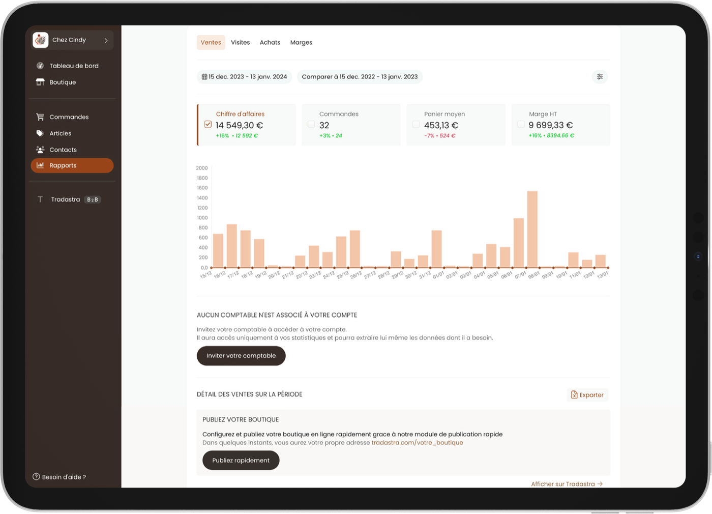 Interface de gestion RESTOPOS sur tablette