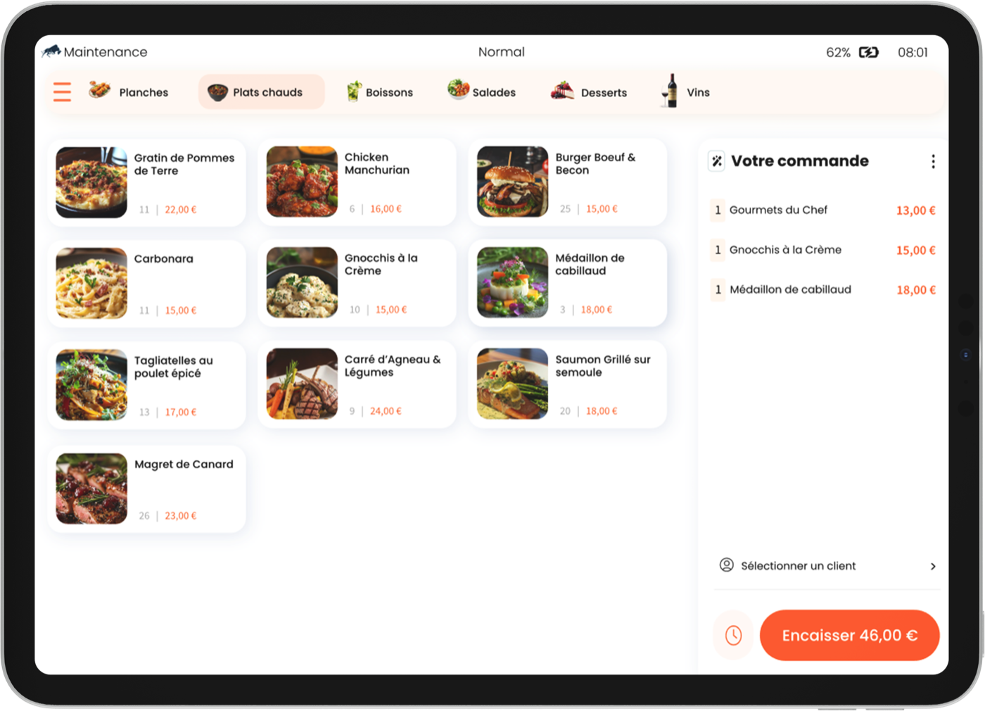 Interface de gestion RESTOPOS sur tablette